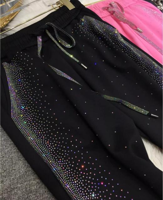 キラキララインストーン付き ワイドパンツ トレーナーパンツ ブラック 大きいサイズ < 女性ファッション  キラキララインストーン付き ワイドパンツ トレーナーパンツ ブラック 大きいサイズ < 女性ファッションの