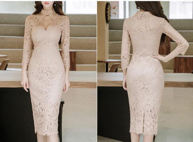 総レース ワンピース レース 膝丈 七分袖 薄手 着痩せ 韓国風 韓国ファッション 上品 美脚 セクシー 通勤 OL 3サイズ < 女性ファッション  総レース ワンピース レース 膝丈 七分袖 薄手 着痩せ 韓国風 韓国ファッション 上品 美脚 セクシー 通勤 OL 3サイズ < 女性ファッションの