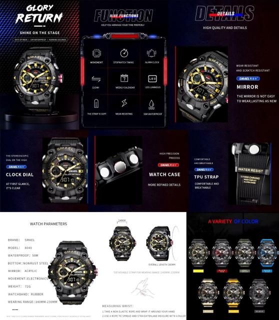 SMAEL 8040 スポーツウォッチ(ブラック・レッド) < 男性アクセサリー/時計  SMAEL 8040 スポーツウォッチ(ブラック・レッド) < 男性アクセサリー/時計の