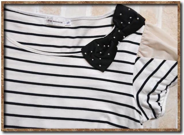 ボンメルスリー リボン付きボーダーカットソー 白×黒 < ブランド  ボンメルスリー リボン付きボーダーカットソー 白×黒 < ブランドの