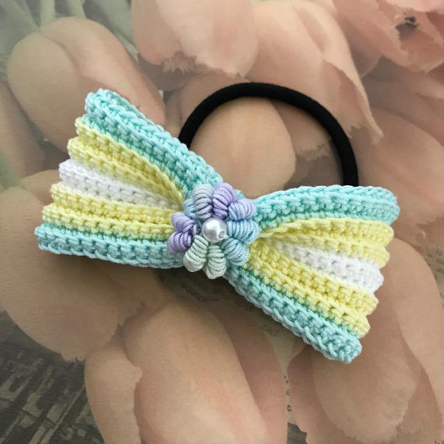 ハンドメイド♪レース編み お花モチーフ付リボンヘアゴム < 女性ファッション  ハンドメイド♪レース編み お花モチーフ付リボンヘアゴム  < 女性ファッションの