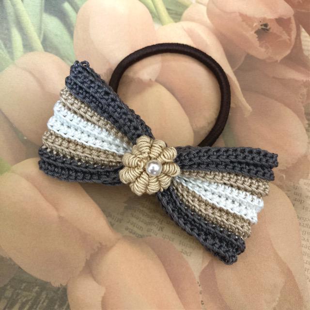 ハンドメイド♪レース編み お花モチーフ付リボンヘアゴム < 女性ファッション  ハンドメイド♪レース編み お花モチーフ付リボンヘアゴム  < 女性ファッションの