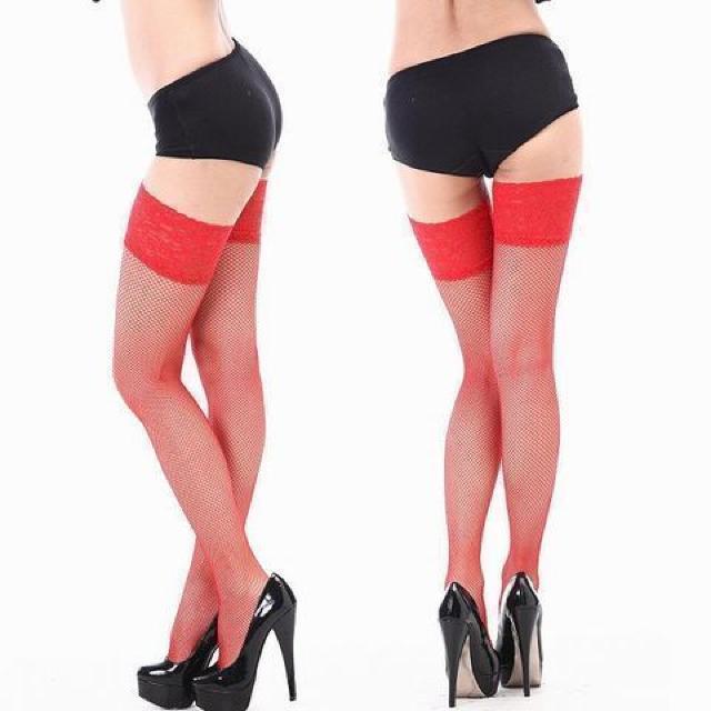 ストッパー付きあみストッキング 赤 < 女性ファッション  ストッパー付きあみストッキング 赤 < 女性ファッションの
