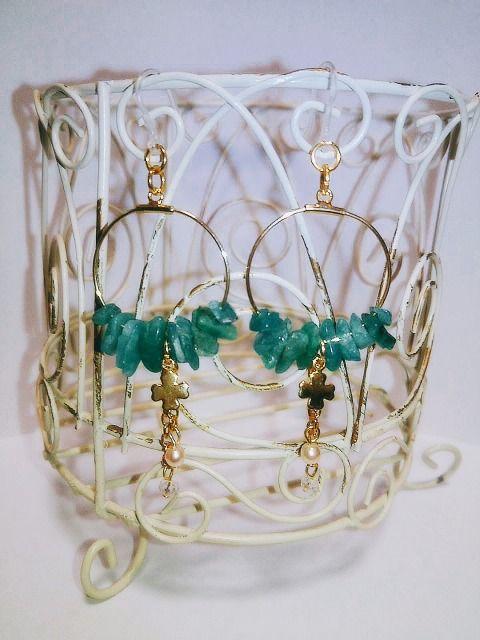 フープターコイズ半貴石クロスパールクリスタルスワロ樹脂フック < 女性アクセサリー/時計  フープターコイズ半貴石クロスパールクリスタルスワロ樹脂フック < 女性アクセサリー/時計の