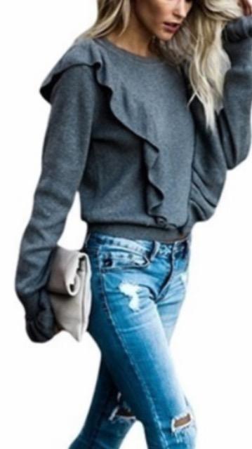 ★新品★薄手可愛い,フリル付きトップスグレー < 女性ファッション  ★新品★薄手可愛い,フリル付きトップスグレー < 女性ファッションの