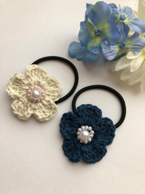 ハンドメイド ヘアゴム お花ふたつ♪♪ ガーリー コットン < 女性ファッション  ハンドメイド ヘアゴム お花ふたつ♪♪ ガーリー コットン < 女性ファッションの