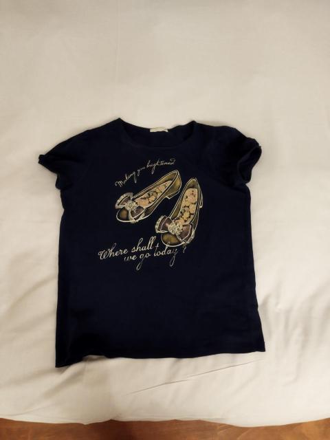 gu 紺 ネイビー リボンパンプス柄 パフスリーブ Tシャツ レディース XS < キッズ/ベビー  gu 紺 ネイビー リボンパンプス柄 パフスリーブ Tシャツ レディース XS < キッズ/ベビーの