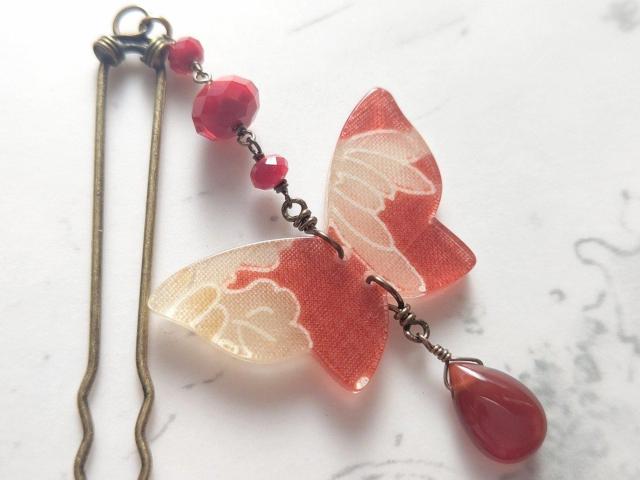 *和柄蝶々のかんざし*朱色 < 女性ファッション  *和柄蝶々のかんざし*朱色  < 女性ファッションの