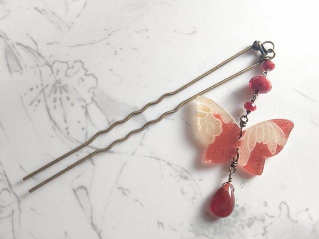 *和柄蝶々のかんざし*朱色 < 女性ファッション  *和柄蝶々のかんざし*朱色 < 女性ファッションの