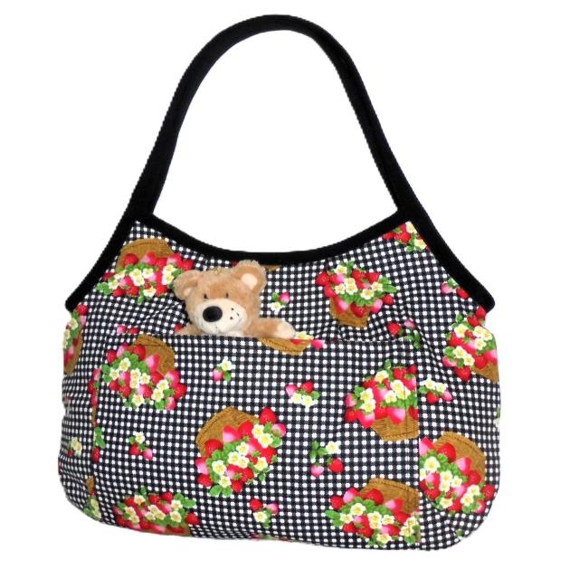 【マチなしグラニーバッグ】◆籠バスケットにイチゴ×黒白チェック地 < 女性ファッション 【マチなしグラニーバッグ】◆籠バスケットにイチゴ×黒白チェック地 < 女性ファッションの