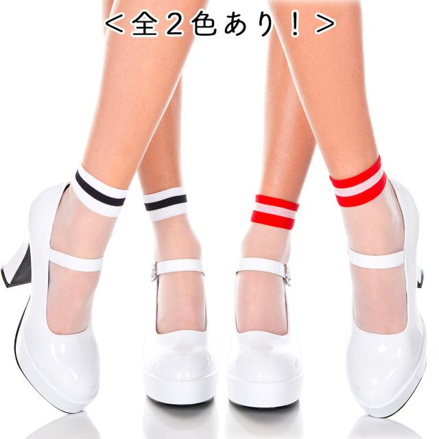 Music Legs ストライプ シアー アンクルハイソックス レッド < 女性ファッション  Music Legs ストライプ シアー アンクルハイソックス レッド < 女性ファッションの