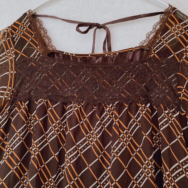 GAL FIT 七部袖 ひし形プリント シースル チュニック トップス  L N2m < ブランド  GAL FIT 七部袖 ひし形プリント シースル チュニック トップス  L N2m < ブランドの