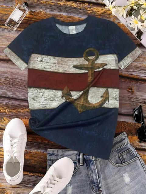 超お買い得1290円★レディース アンカープリント Tシャツ 半袖 レジャー Tシャツ USAサイズS(日本サイズL相当) < 女性ファッション  超お買い得1290円★レディース アンカープリント Tシャツ 半袖 レジャー Tシャツ USAサイズS(日本サイズL相当) < 女性ファッションの