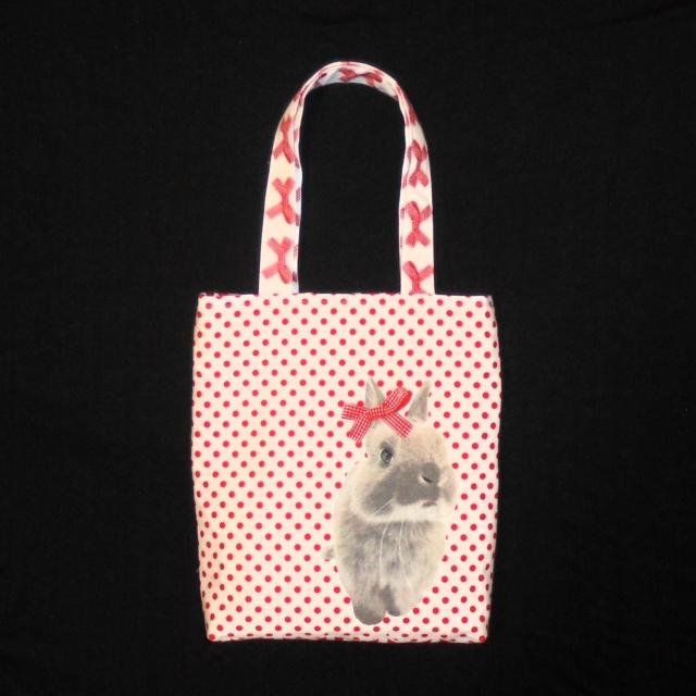 ◆スクエアベーシックトートバッグ◆赤リボンうさぎ×赤ドット白地◆エコバッグ サブ < 女性ファッション ◆スクエアベーシックトートバッグ◆赤リボンうさぎ×赤ドット白地◆エコバッグ サブ < 女性ファッションの