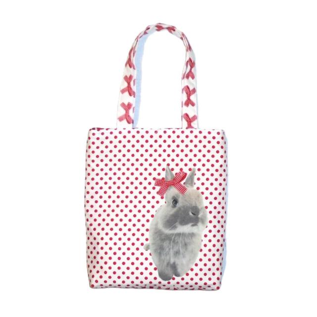 ◆スクエアベーシックトートバッグ◆赤リボンうさぎ×赤ドット白地◆エコバッグ サブ < 女性ファッション ◆スクエアベーシックトートバッグ◆赤リボンうさぎ×赤ドット白地◆エコバッグ サブ < 女性ファッションの
