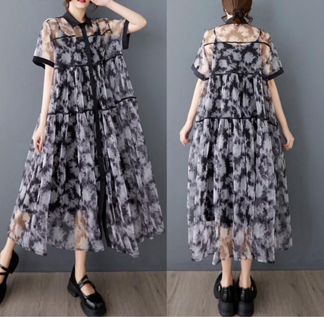 2点セット キャミーワンピース 前開きシースルー レースワンピース 大きいサイズ < 女性ファッション 2点セット キャミーワンピース 前開きシースルー レースワンピース 大きいサイズ < 女性ファッションの