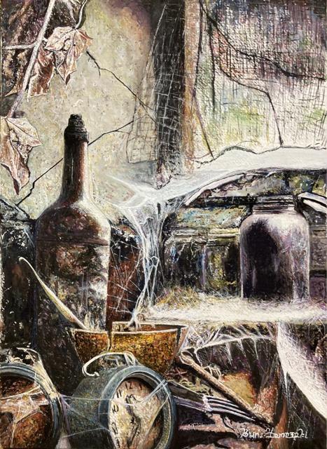 絵画 水彩画 ガッシュ水彩・透明水彩『瓶・壊れた時計・蜘蛛の巣』新品 真作保証 原画 < ホビー  絵画 水彩画 ガッシュ水彩・透明水彩『瓶・壊れた時計・蜘蛛の巣』新品 真作保証 原画 < ホビーの