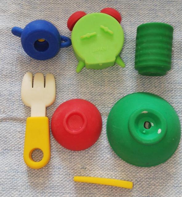 昭和レトロ消しゴム7個セット器やかん湯飲みはしフォーク目覚まし時計ラーメン < おもちゃ  昭和レトロ消しゴム7個セット器やかん湯飲みはしフォーク目覚まし時計ラーメン < おもちゃの