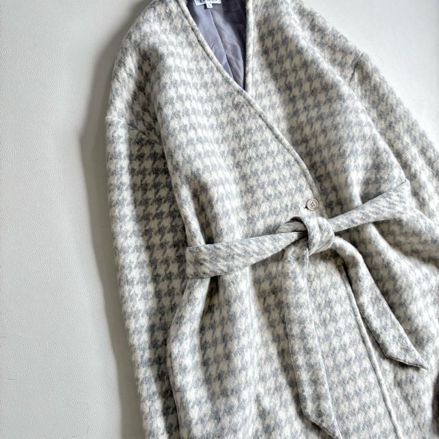 ◆美品◆レナウン◆大きいサイズ感◆ノーカラーウールロングコート◆千鳥◆グレー◆L < 女性ファッション ◆美品◆レナウン◆大きいサイズ感◆ノーカラーウールロングコート◆千鳥◆グレー◆L < 女性ファッションの