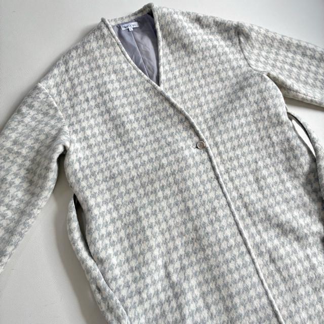 ◆美品◆レナウン◆大きいサイズ感◆ノーカラーウールロングコート◆千鳥◆グレー◆L < 女性ファッション ◆美品◆レナウン◆大きいサイズ感◆ノーカラーウールロングコート◆千鳥◆グレー◆L < 女性ファッションの