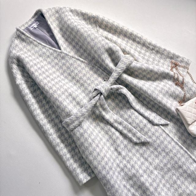 ◆美品◆レナウン◆大きいサイズ感◆ノーカラーウールロングコート◆千鳥◆グレー◆L < 女性ファッション ◆美品◆レナウン◆大きいサイズ感◆ノーカラーウールロングコート◆千鳥◆グレー◆L < 女性ファッションの
