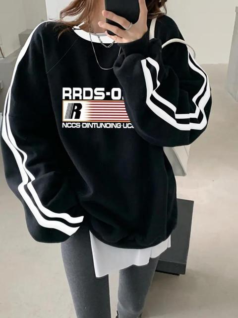 爆ヤス価格2990円★女性用カジュアルブラックプルオーバースウェットシャツ、ダブルバーレタープリント、長袖  日本サイズL < 女性ファッション  爆ヤス価格2990円★女性用カジュアルブラックプルオーバースウェットシャツ、ダブルバーレタープリント、長袖  日本サイズL < 女性ファッションの