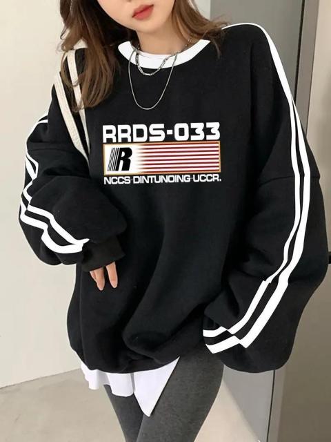 爆ヤス価格2990円★女性用カジュアルブラックプルオーバースウェットシャツ、ダブルバーレタープリント、長袖  日本サイズL < 女性ファッション  爆ヤス価格2990円★女性用カジュアルブラックプルオーバースウェットシャツ、ダブルバーレタープリント、長袖  日本サイズL < 女性ファッションの