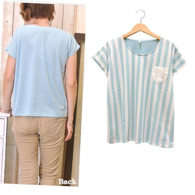 ストライププリントプルオーバー 後ろ切替ポケット付きストライプTシャツ ライトブルー系 Mサイズ < 女性ファッション  ストライププリントプルオーバー 後ろ切替ポケット付きストライプTシャツ ライトブルー系 Mサイズ < 女性ファッションの