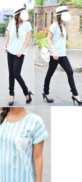 ストライププリントプルオーバー 後ろ切替ポケット付きストライプTシャツ ライトブルー系 Mサイズ < 女性ファッション  ストライププリントプルオーバー 後ろ切替ポケット付きストライプTシャツ ライトブルー系 Mサイズ < 女性ファッションの