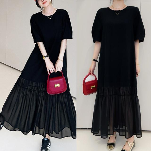 ロング丈 シースルー シフォン 切り替え フレアワンピース ブラック 大きいサイズ < 女性ファッション ロング丈 シースルー シフォン 切り替え フレアワンピース ブラック 大きいサイズ < 女性ファッションの