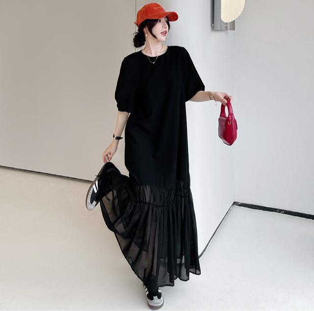 ロング丈 シースルー シフォン 切り替え フレアワンピース ブラック 大きいサイズ < 女性ファッション ロング丈 シースルー シフォン 切り替え フレアワンピース ブラック 大きいサイズ < 女性ファッションの