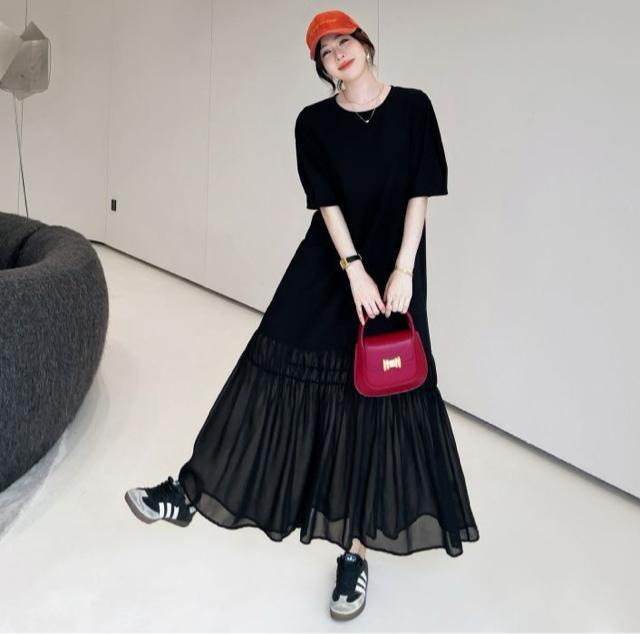 ロング丈 シースルー シフォン 切り替え フレアワンピース ブラック 大きいサイズ < 女性ファッション ロング丈 シースルー シフォン 切り替え フレアワンピース ブラック 大きいサイズ < 女性ファッションの