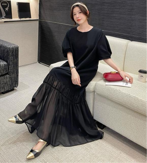 ロング丈 シースルー シフォン 切り替え フレアワンピース ブラック 大きいサイズ < 女性ファッション ロング丈 シースルー シフォン 切り替え フレアワンピース ブラック 大きいサイズ < 女性ファッションの