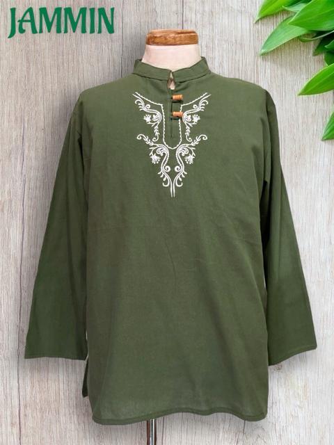 刺繍入りクルタ カーキ エスニック アジアン ヒッピー クルタ < 男性ファッション  刺繍入りクルタ カーキ エスニック アジアン ヒッピー クルタ  < 男性ファッションの