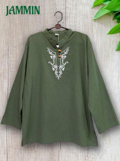 刺繍入りクルタ カーキ エスニック アジアン ヒッピー クルタ < 男性ファッション  刺繍入りクルタ カーキ エスニック アジアン ヒッピー クルタ < 男性ファッションの