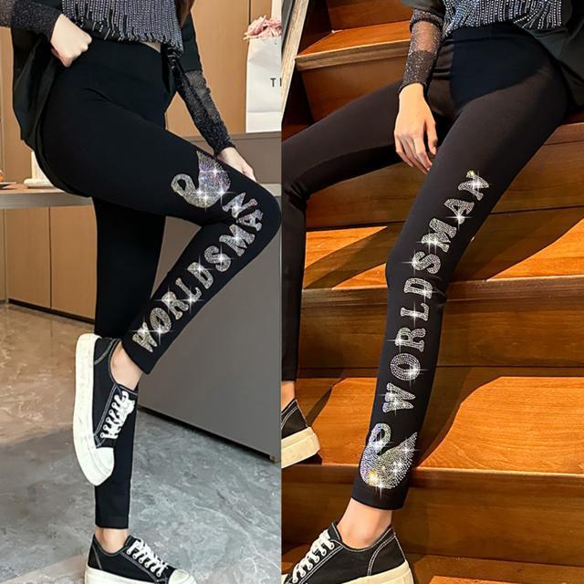 レギンス  スパッツ キラキララインストーン付き スワン柄 ブラック 大きいサイズ < 女性ファッション  レギンス  スパッツ キラキララインストーン付き スワン柄 ブラック 大きいサイズ  < 女性ファッションの