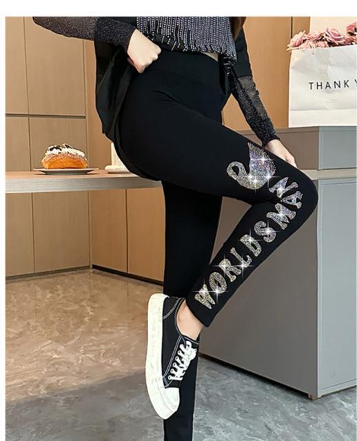 レギンス  スパッツ キラキララインストーン付き スワン柄 ブラック 大きいサイズ < 女性ファッション  レギンス  スパッツ キラキララインストーン付き スワン柄 ブラック 大きいサイズ < 女性ファッションの