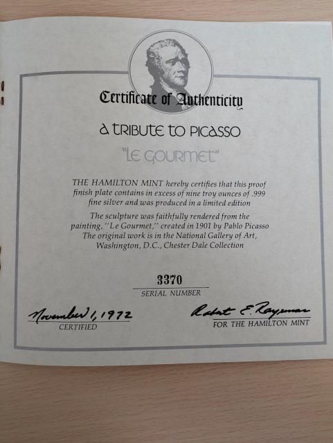 大特価!超貴重レア!ハミルトン・ミント ピカソ作「Le Gourmet」を模した純銀製打ち出しレリーフプレート 実測280gの出品 < ホビー 大特価!超貴重レア!ハミルトン・ミント ピカソ作「Le Gourmet」を模した純銀製打ち出しレリーフプレート 実測280gの出品 < ホビーの