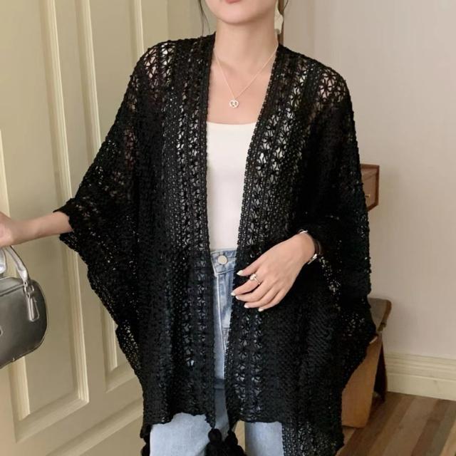 透かし編み カーディガン   ポンポン付き ブラック 大きいサイズ < 女性ファッション  透かし編み カーディガン   ポンポン付き ブラック 大きいサイズ < 女性ファッションの