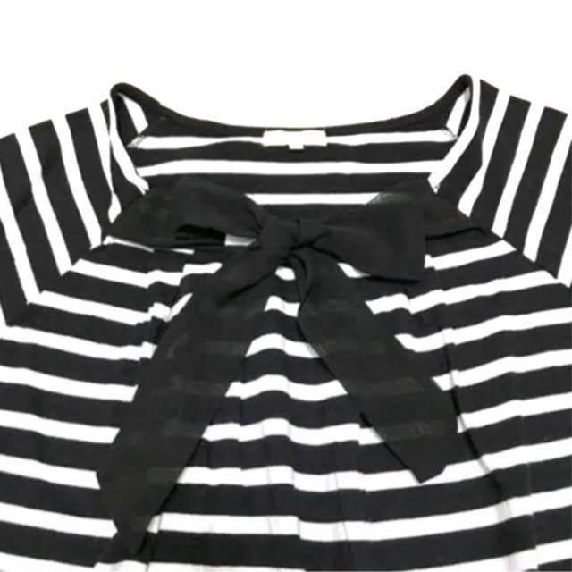 【美品】胸元リボン ボーダーカットソー/サイズL/黒×白/HusHusH < 女性ファッション  【美品】胸元リボン ボーダーカットソー/サイズL/黒×白/HusHusH < 女性ファッションの