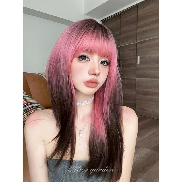 新品未使用リアルロングストレート配色サクラピンク×ナチュラルブラックウィッグ < 女性ファッション 新品未使用リアルロングストレート配色サクラピンク×ナチュラルブラックウィッグ < 女性ファッションの