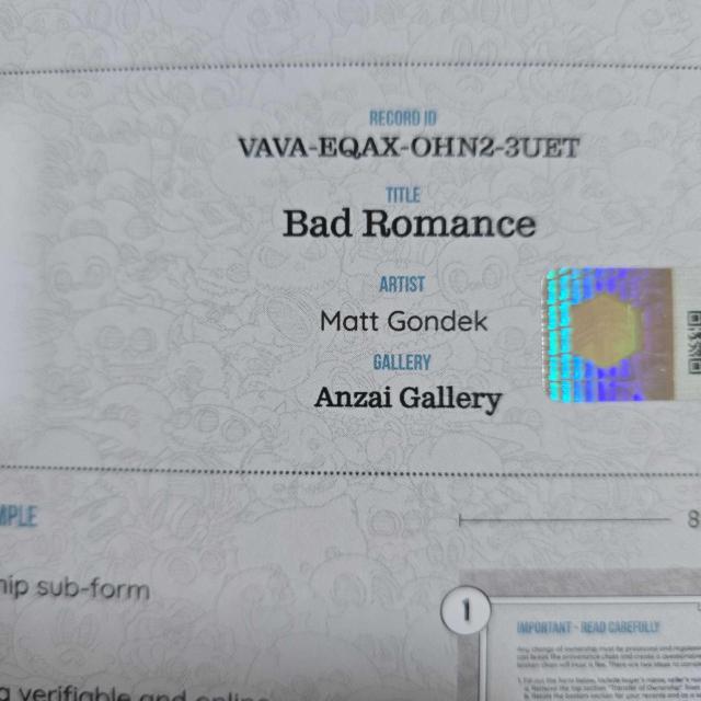 Matt Gondek 『Bad Romance』 作品証明書 CERTIFICATE VOUCHER 美術品 < 本/雑誌 Matt Gondek 『Bad Romance』 作品証明書 CERTIFICATE VOUCHER 美術品 < 本/雑誌の