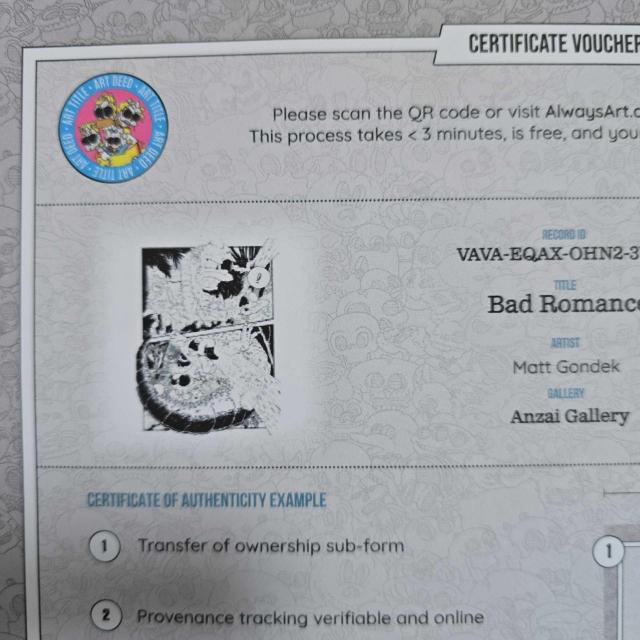 Matt Gondek 『Bad Romance』 作品証明書 CERTIFICATE VOUCHER 美術品 < 本/雑誌 Matt Gondek 『Bad Romance』 作品証明書 CERTIFICATE VOUCHER 美術品 < 本/雑誌の