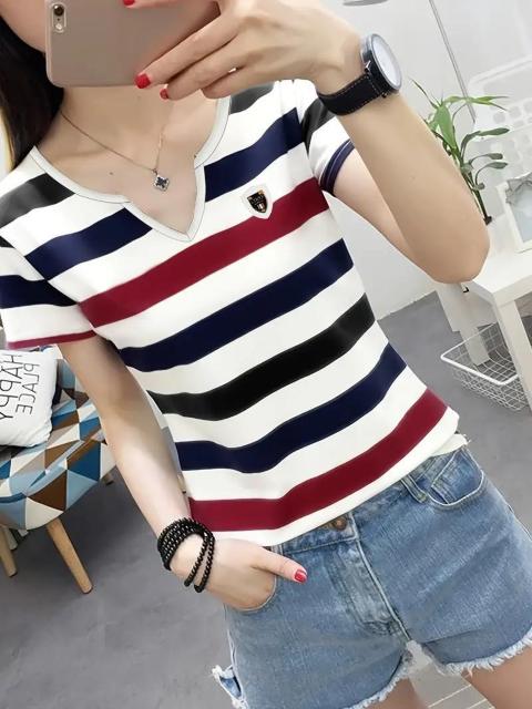 超お買い得1290円★赤と青のストライプ&ロゴ付き 春夏カジュアルトップ 日本サイズL相当 < 女性ファッション  超お買い得1290円★赤と青のストライプ&ロゴ付き 春夏カジュアルトップ 日本サイズL相当  < 女性ファッションの