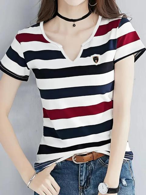 超お買い得1290円★赤と青のストライプ&ロゴ付き 春夏カジュアルトップ 日本サイズL相当 < 女性ファッション  超お買い得1290円★赤と青のストライプ&ロゴ付き 春夏カジュアルトップ 日本サイズL相当 < 女性ファッションの