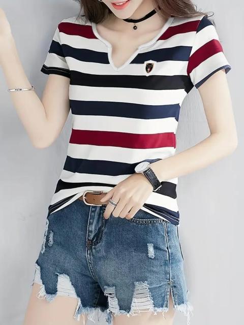 超お買い得1290円★赤と青のストライプ&ロゴ付き 春夏カジュアルトップ 日本サイズL相当 < 女性ファッション  超お買い得1290円★赤と青のストライプ&ロゴ付き 春夏カジュアルトップ 日本サイズL相当 < 女性ファッションの
