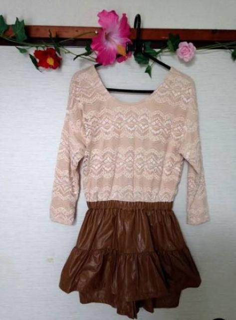 新品■定価15540円 スモーク◆ レース フェイクレザー オールインワン ワンピース◆ベージュ&ブラウン < 女性ファッション  新品■定価15540円 スモーク◆ レース フェイクレザー オールインワン ワンピース◆ベージュ&ブラウン  < 女性ファッションの