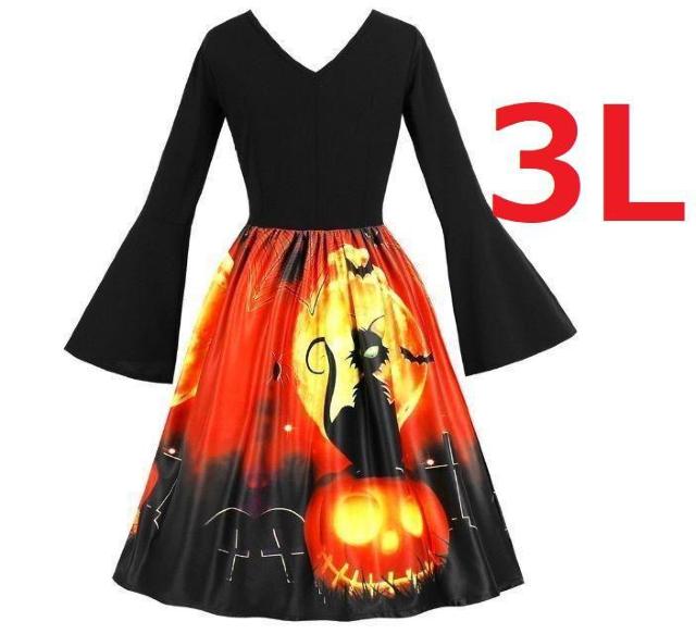 新品大きいサイズ3Lハロウィンかぼちゃと猫のワンピース < 女性ファッション  新品大きいサイズ3Lハロウィンかぼちゃと猫のワンピース  < 女性ファッションの