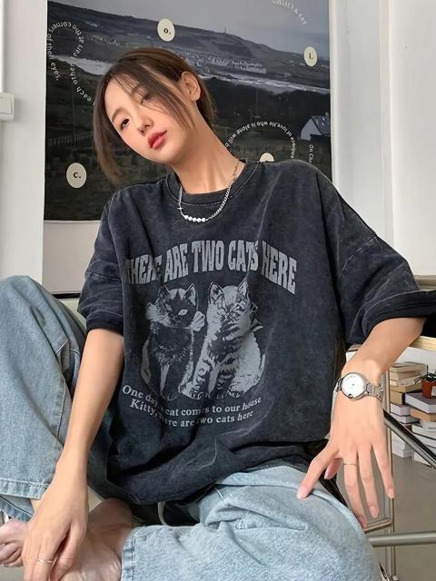 超お買い得1390円★猫プリント クルーネック Tシャツ 春夏 カジュアル 半袖 Tシャツ(日本サイズM相当) < 女性ファッション  超お買い得1390円★猫プリント クルーネック Tシャツ 春夏 カジュアル 半袖 Tシャツ(日本サイズM相当)  < 女性ファッションの