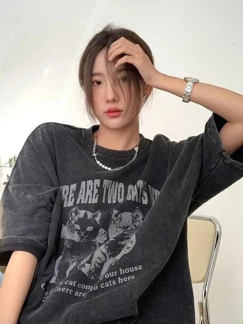 超お買い得1390円★猫プリント クルーネック Tシャツ 春夏 カジュアル 半袖 Tシャツ(日本サイズM相当) < 女性ファッション  超お買い得1390円★猫プリント クルーネック Tシャツ 春夏 カジュアル 半袖 Tシャツ(日本サイズM相当) < 女性ファッションの